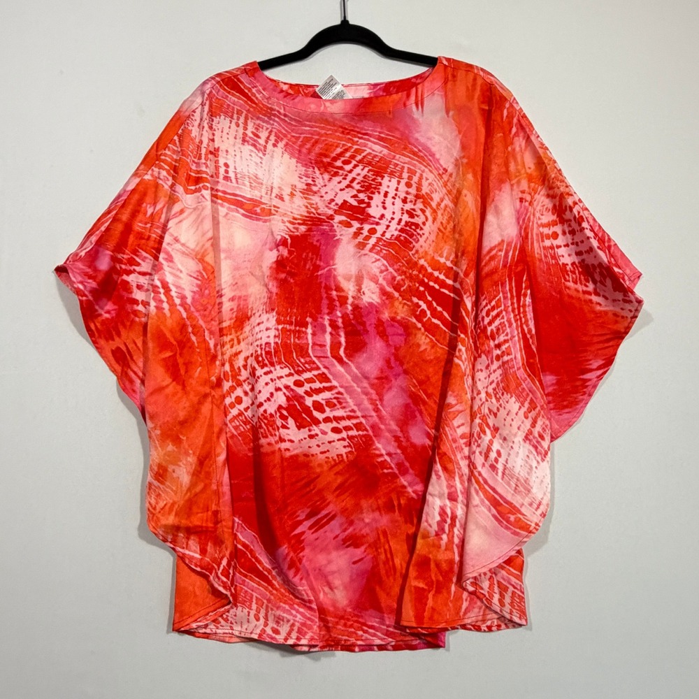 Chico's Poncho Blouse Women's S/M Pink Orange Abstract Tie Dye Dolman Kaftan Top